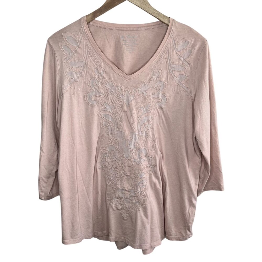 Chicos Womens Embroidered cotton V-Neck 3/4 Sleeve Top Size 2 (L) Blush Pink